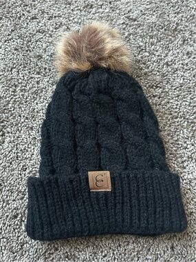 CC Boutique Black Knit Beanie with Brown Faux Fur Pom
